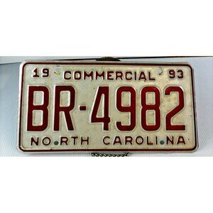 1993 North Carolina Commercial License Plate BR-4982 Red White NC Tag